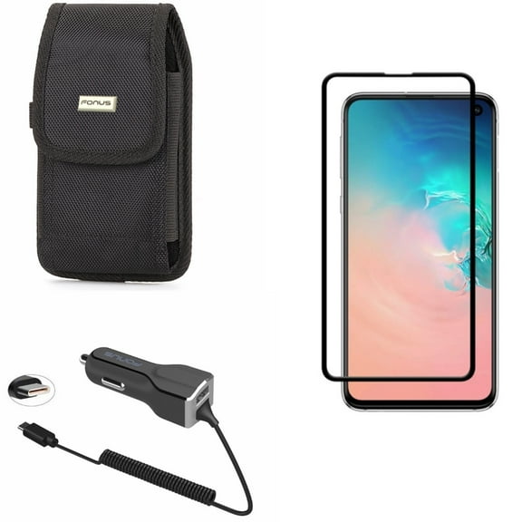 Galaxy S10e Car Charger w Screen Protector w Case Belt Clip - 30W Type-C Power, Tempered Glass 5D Curved Edge, Rugged Holster Canvas for Samsung Galaxy S10e Phone