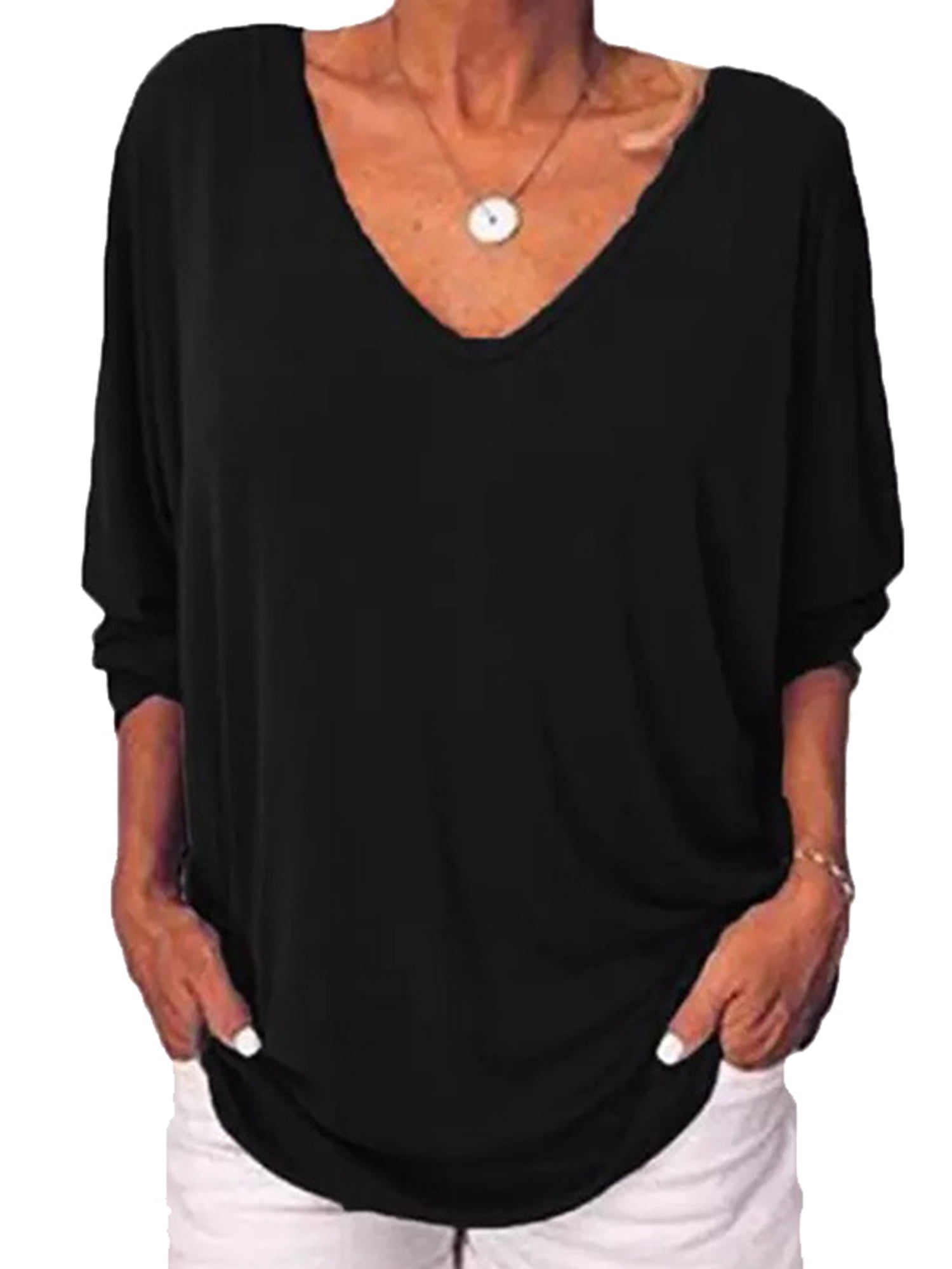 Sttech1 Women Blouse 3/4 Sleeve Batwing Sleeve Asymmetry Fold Round Neck Shirt Tops T-Shirt