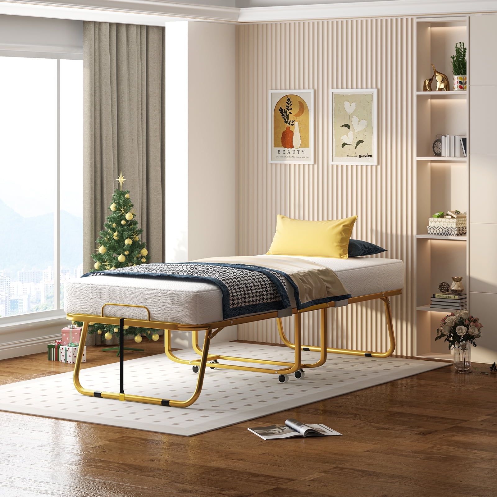 MUZZ Folding Bed with 4 Inch Foam Mattress, 75" x 31" Rollaway Bed with Sturdy Metal Frame, Foldable Guest Bed for Adults, Basic