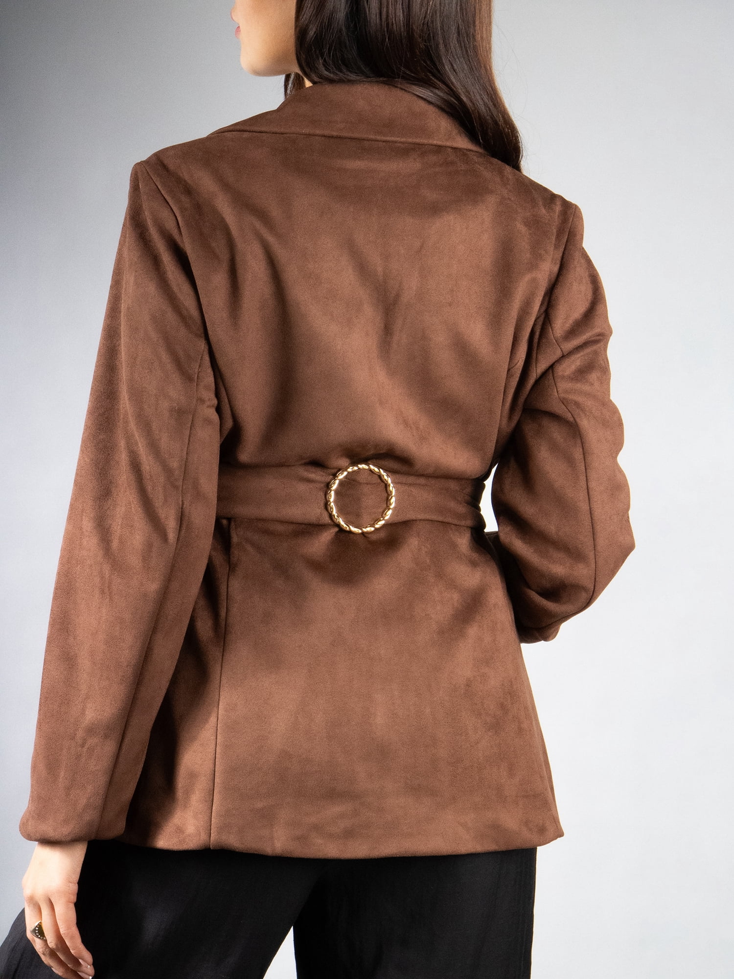 DARING DIVA Women's Elegant Faux Suede Wrap Belt Stylish Design Blazer M Brown