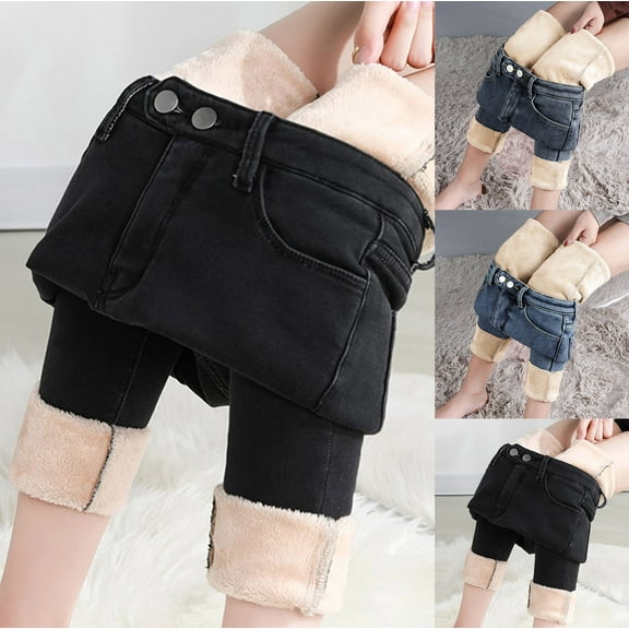BiZtdJrK Women's Fleece Lined Jeans Winter Warm Sherpa Denim Jeggings High Waisted Stretch Skinny Jean Pants Going Out Outfits Sales Today