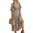 thumbnail image 2 of Womens Summer Casual Maxi Dress Bohemian Floral V Neck Puff Short Sleeve Ethnic Style Beach Tiered Sundress Long Swing Dress, 2 of 6