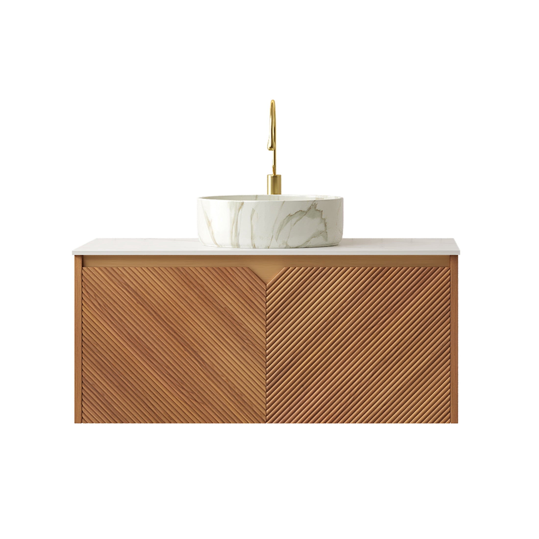 Noble House RUBEN 36" Floating Bathroom Vanity, Sintered Stone Top Cabinet with Stone Round Ceramic Vessel Sink, Oak