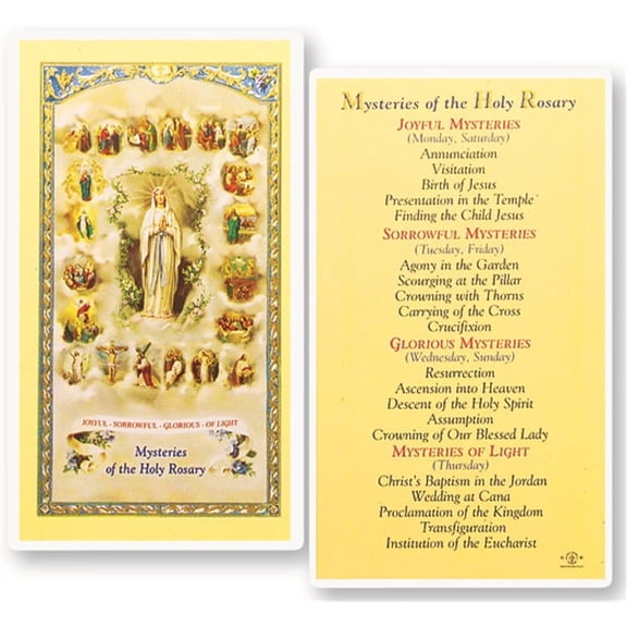 Mysteries of The Holy Rosary Laminated Holy Card Blessed by Pope Francis