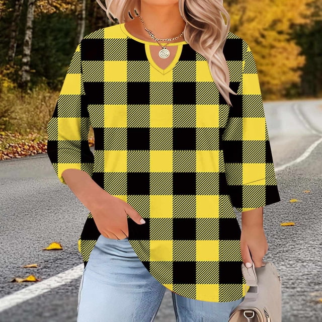Ounisa Womens Plus Size 3/4 Sleeve T Shirts Crew Neck Chest Cutout All Over Print Casual Basic Layering Tops For Spring Summer L-5XL