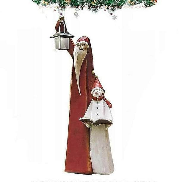 Santa and Snowman Sculpture With Lantern,Santa Claus Snowman Resin Ornament