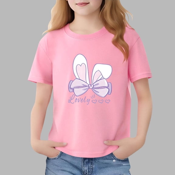 WQNVRNR Girls Rabbit Print T-Shirt- Cute Short Sleeve Summer Cotton Crew Neck Pullover Top Pink Size 5