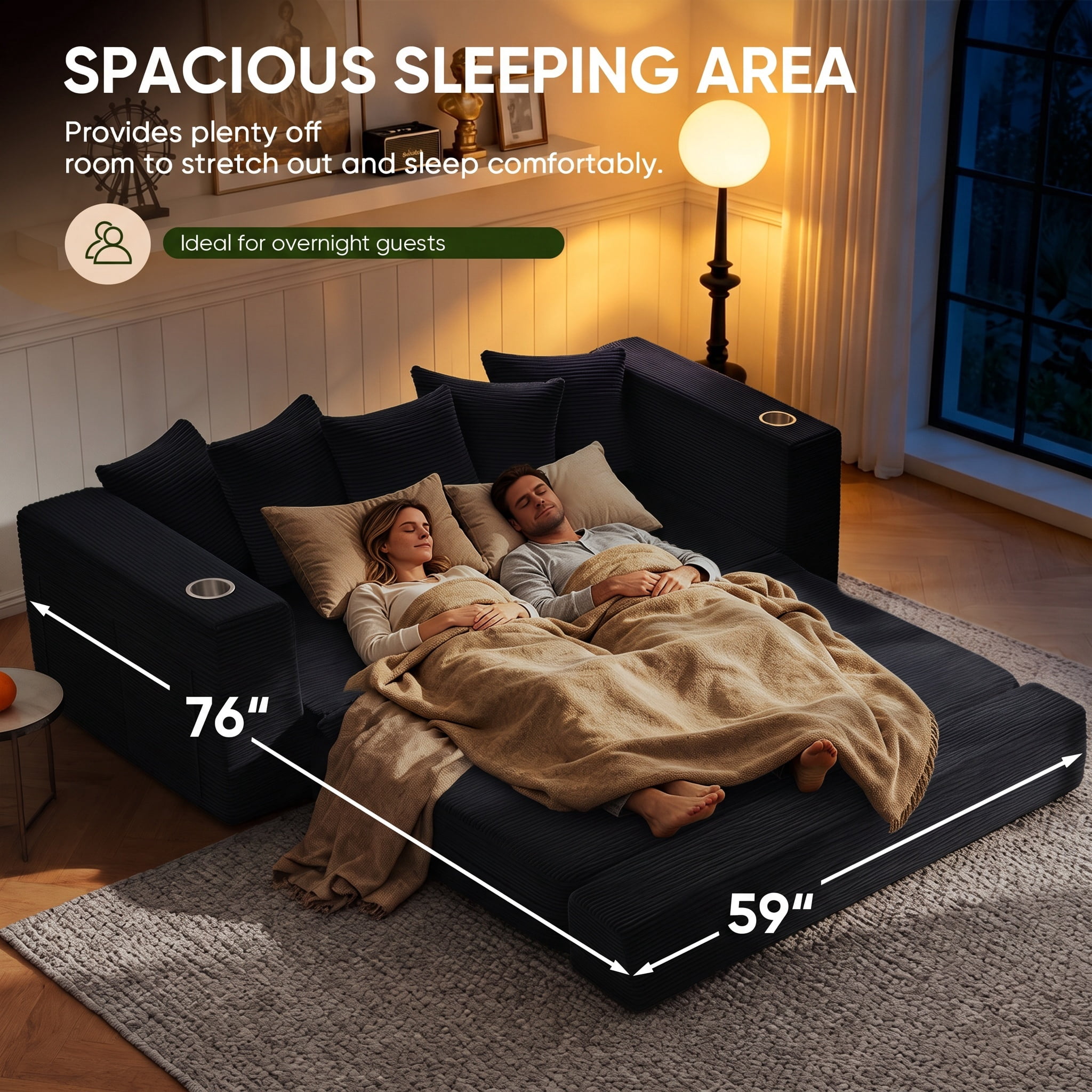 Lunale Convertible Sleeper Sofa Bed, Boneless Futon Cloud Couch, No Assembly Required, Pull Out Floor Couch Bed for Living Room, Black Corduroy