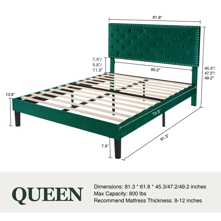 Green Queen size bed flame Last Offer‼️ Amolife Queen Bed Frame with Adjustable Velvet-Studded Headboard