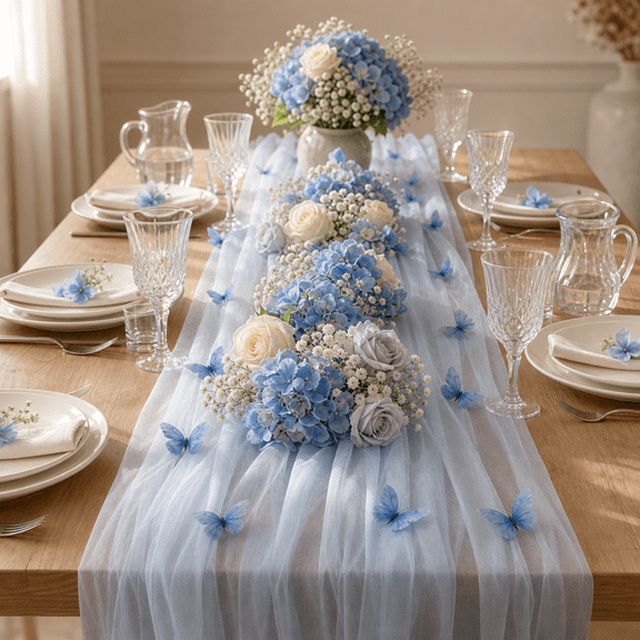 Blue Butterfly 1 Table Runner Tulle Fabric Seasonal Decor