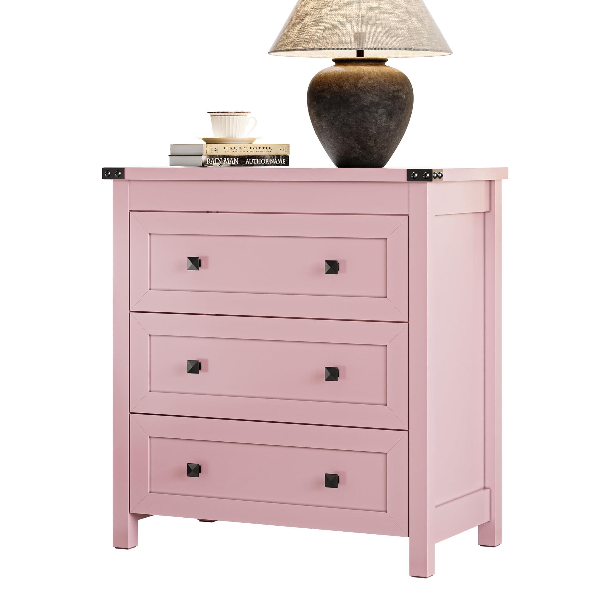 FANRAL Nightstand Set of 2,3 Large Drawer,29.5" Tall Night Stand,27.5" Wide Side Table,Wood Bedside Table Modern End Table,Small Wide Dresser for Bedroom,Pink Nightstand