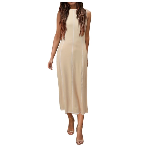 Vestido largo sin mangas de punto acanalado en contraste para mujer: tejido elástico, largo midi, material de poliéster, tallas S-XL, versátil para cualquier ocasión