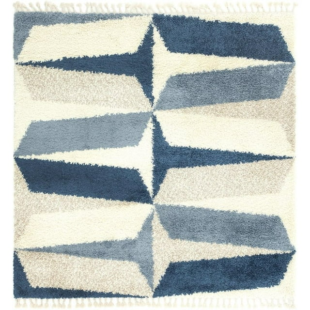 Unique Loom Hygge Shag Geometric Plush & Cozy Rug 8' x 8' Square Blue/Ivory