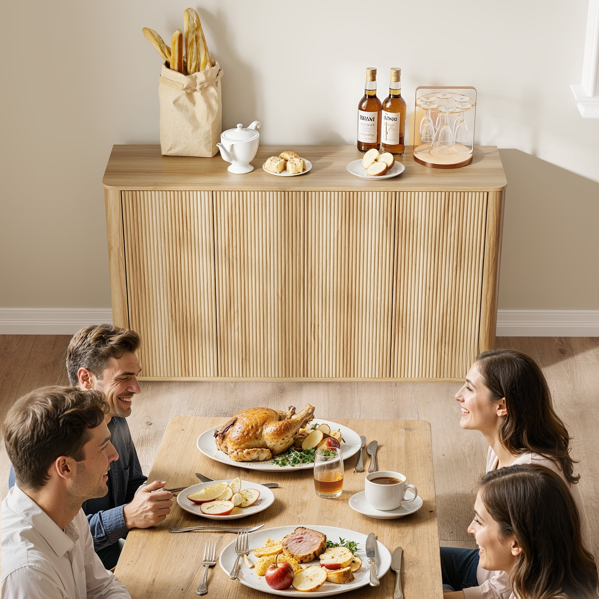 MARNUR 55"W Buffet Cabinet with Storage, Modern Coffee Bar Cabinet with 3-Sided Wave Fluted Design, Adjustable Shelves, Anti-Tip, Easy Clean Top for Kitchen, Dining Room, Living Room, Oak