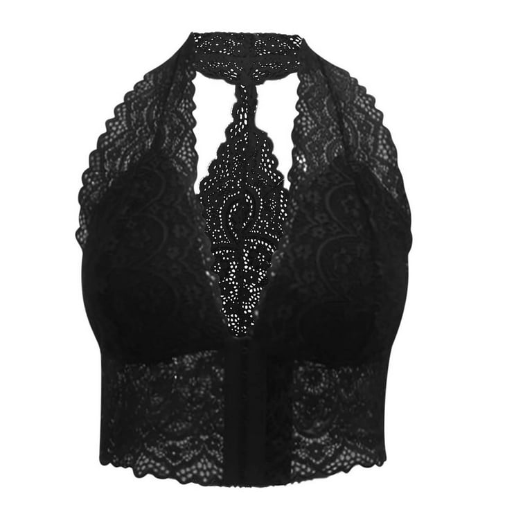 YYDGH Women's High Neck Deep V Lace Bralette Padded Lace Wireless Halter Bra  Hollow Out Floral Crop Top Vest Bra Black XL 