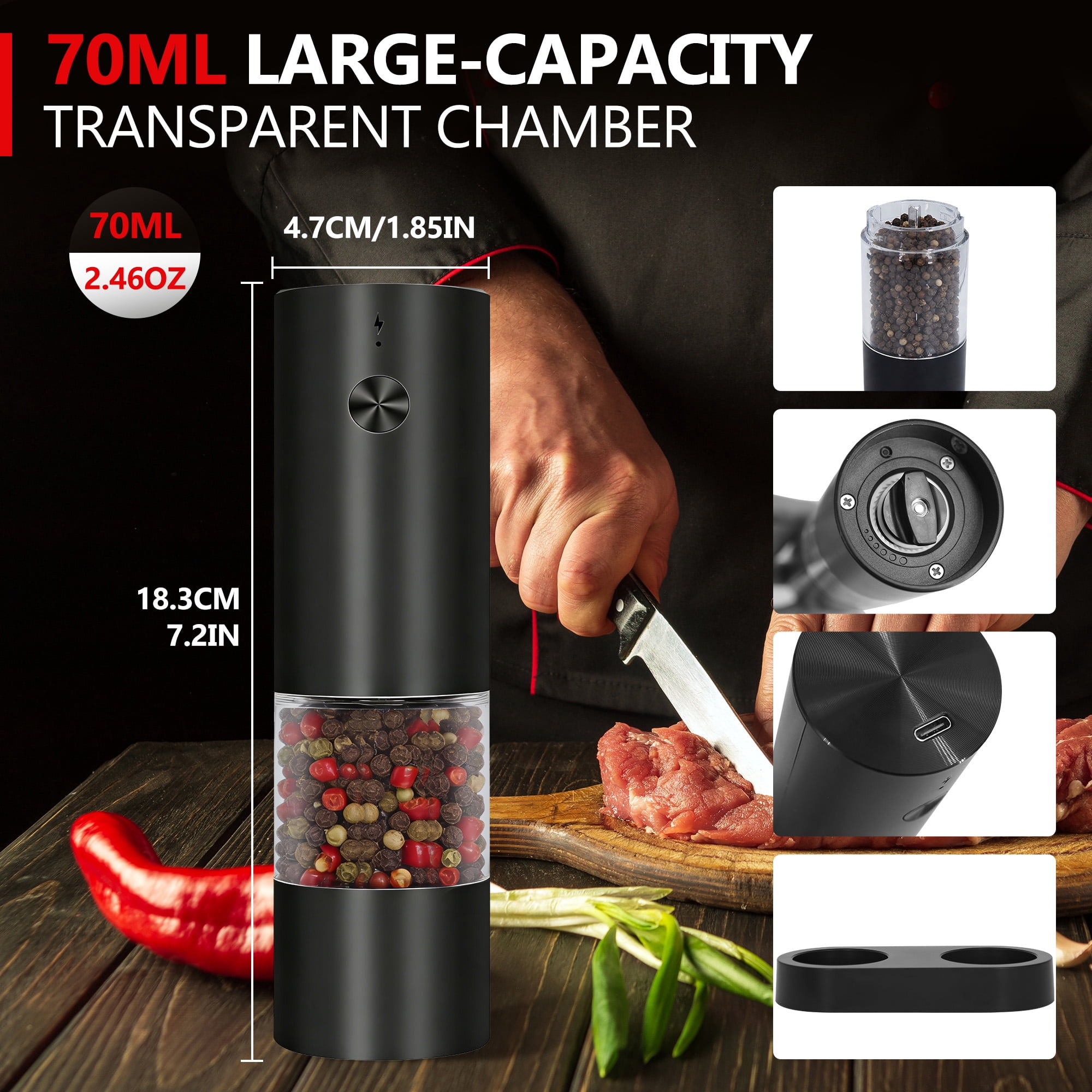 YOLETO Electric Pepper Grinder Set with Display Stand One Hand Operated USB C Rechargeable Adjustable Coarseness Ceramic Burr See Through Chamber (2 pack, Black)