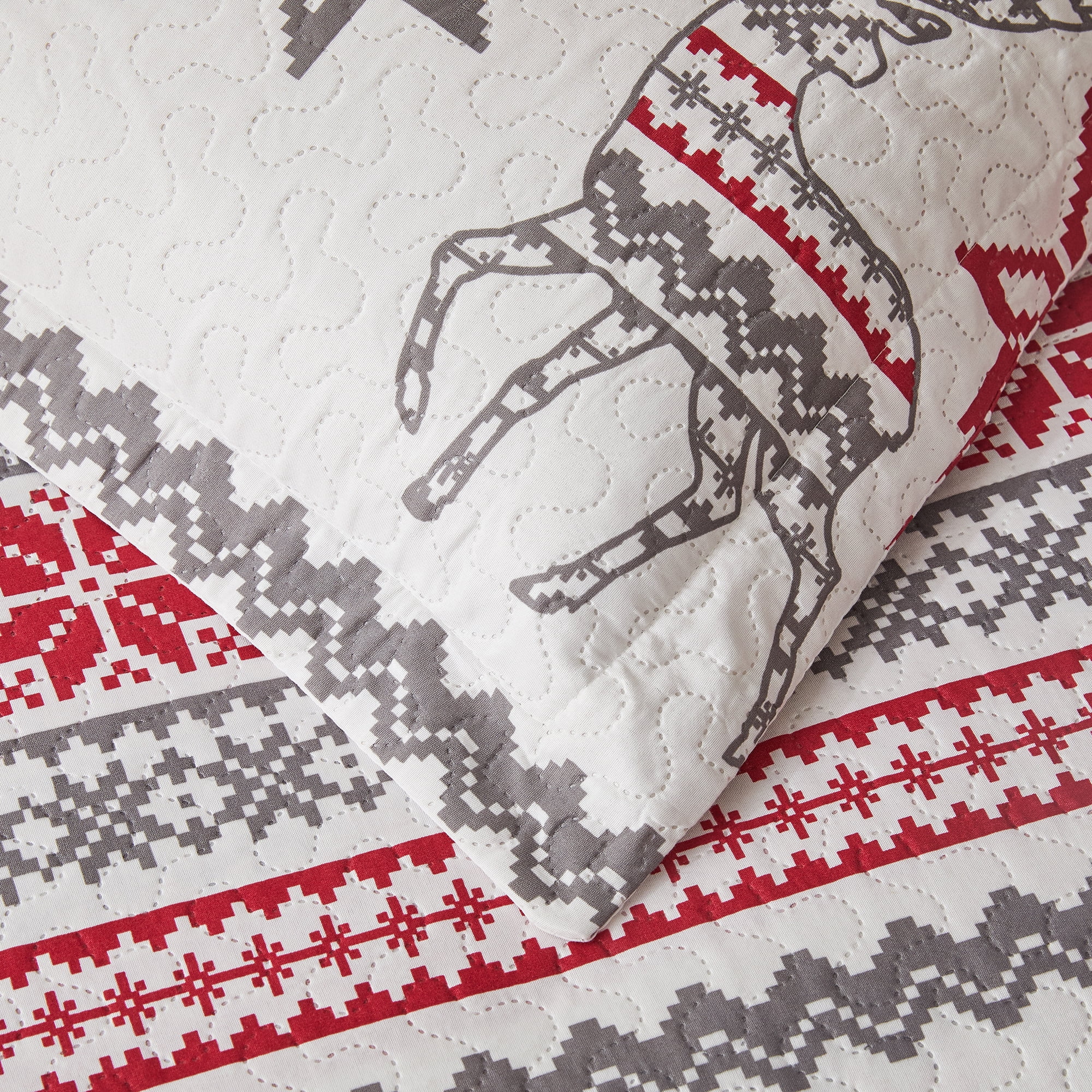 Smuge Christmas Red Gray Snowflake Bedding Sets Twin Size Reindeer Quilt Sets Lantarn Bedspread Coverlet Set with 2 Pillow Shams