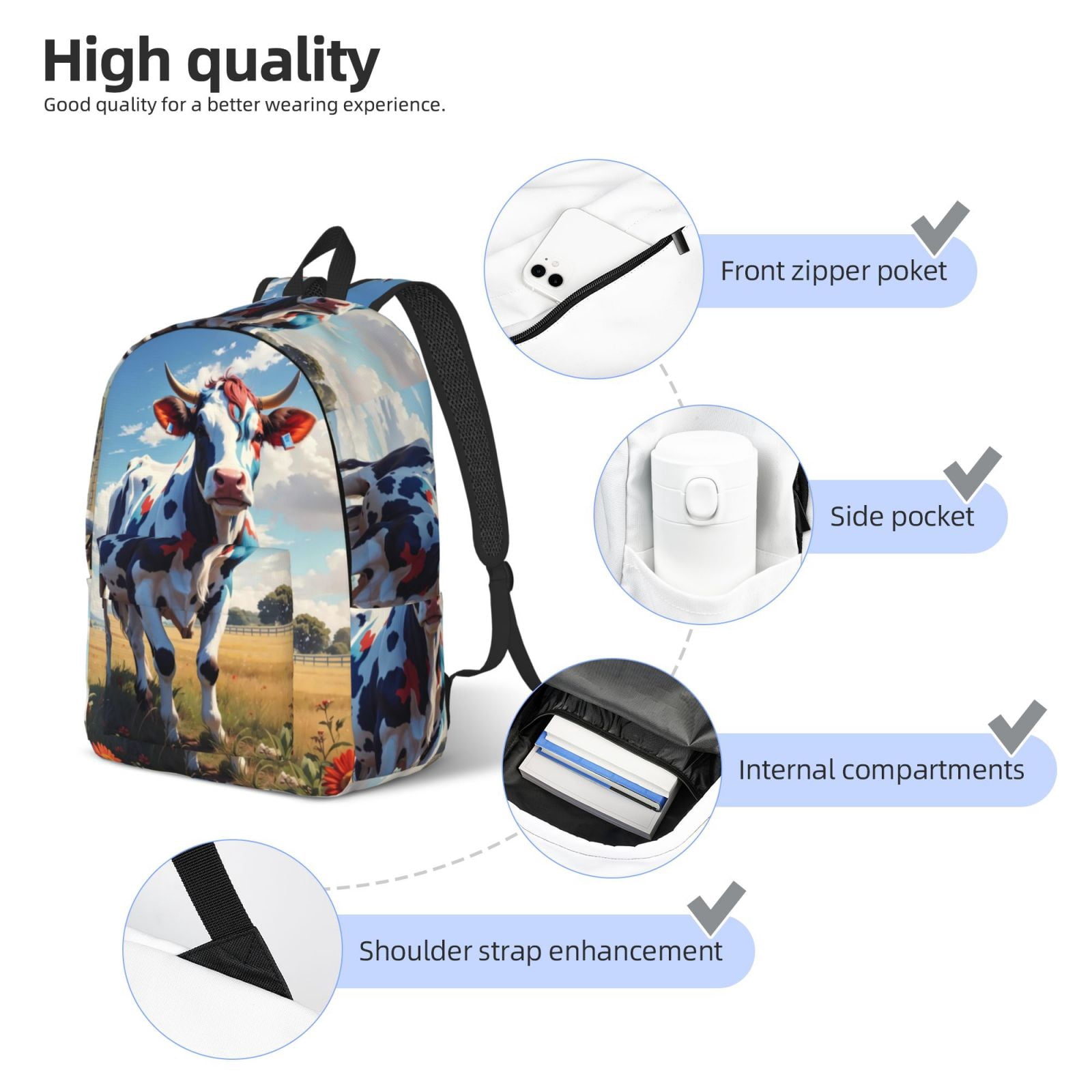 Picia Colorful Cow Pasture Printed Canvas Daypack - Stylish and Durable Vintage Compact Backpack - Class, Work, Travel, or Laptop Bookbag,Organized Compartments-Small