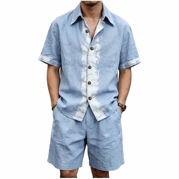 JUUYY Men's Linen 2 Piece Sets Short Sleeve Loose Fit Collar Button Down Shirt Shorts with Pocket Set Casual Summer Beach Outfits Light Blue XL