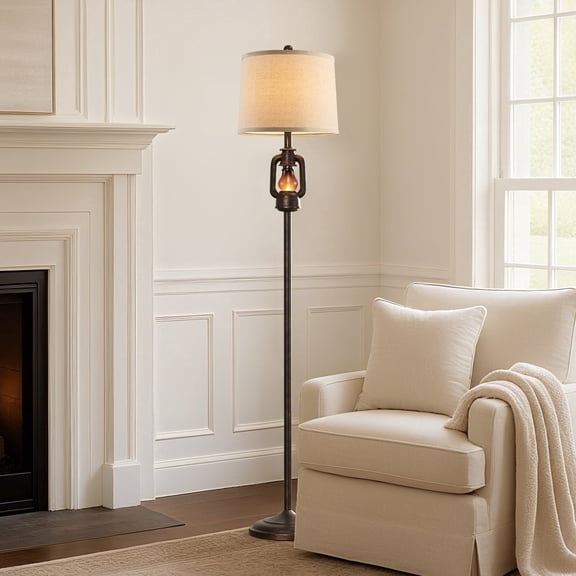 JUJUYUYOP 63" Linen Lampshade Vintage Country Farmhouse Style Floor Lamp with Lantern Night Light, Suitable for Living Room, Bedroom, and Office (Bulb Included)