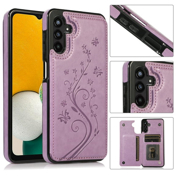 Allytech Wallet Case for Galaxy S24 Plus, Floral Butterfly Embossed Slim Fit Cards Holder Stand Shockproof Anti-Scratch Bumper Wallet Case Cover for Samsung Galaxy S24 Plus - Purple