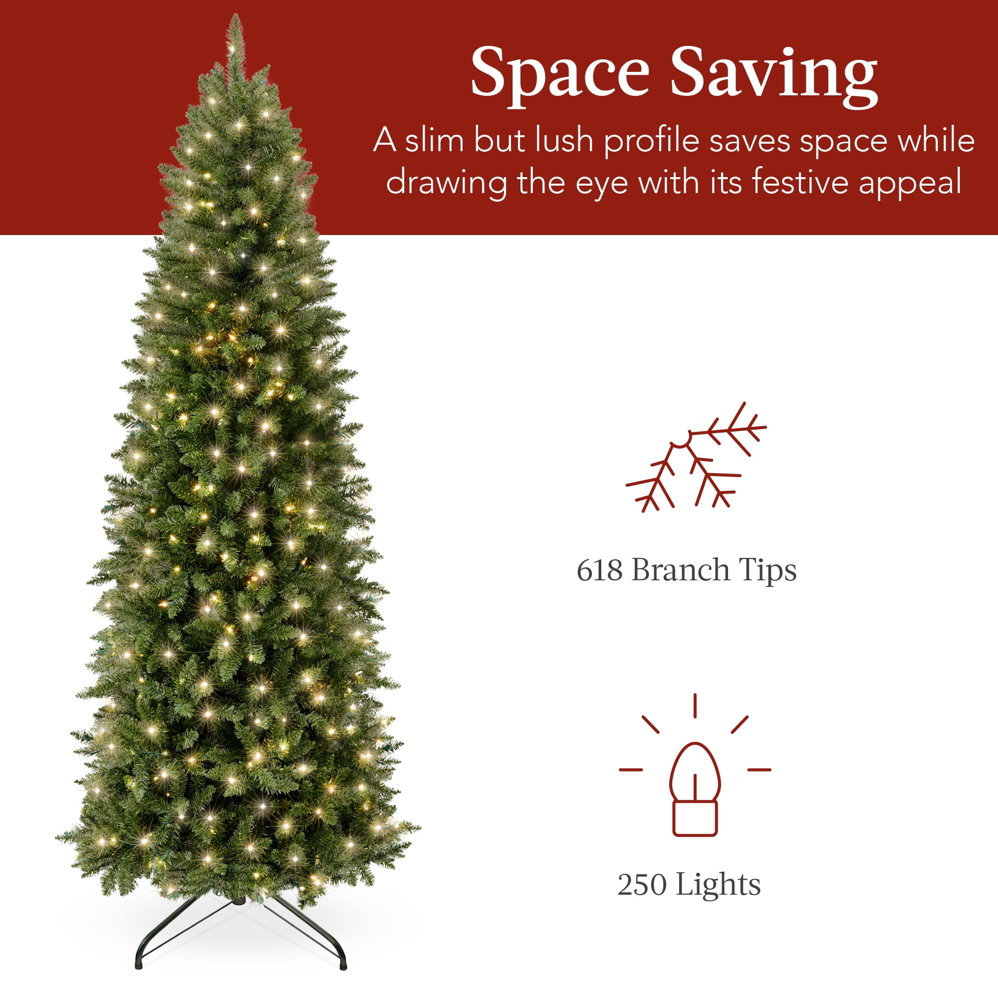 Best Choice Products 6ft Prelit Pencil Christmas Tree, Spruce Style Holiday Decor w/ 618 Tips, 250 Lights, Base