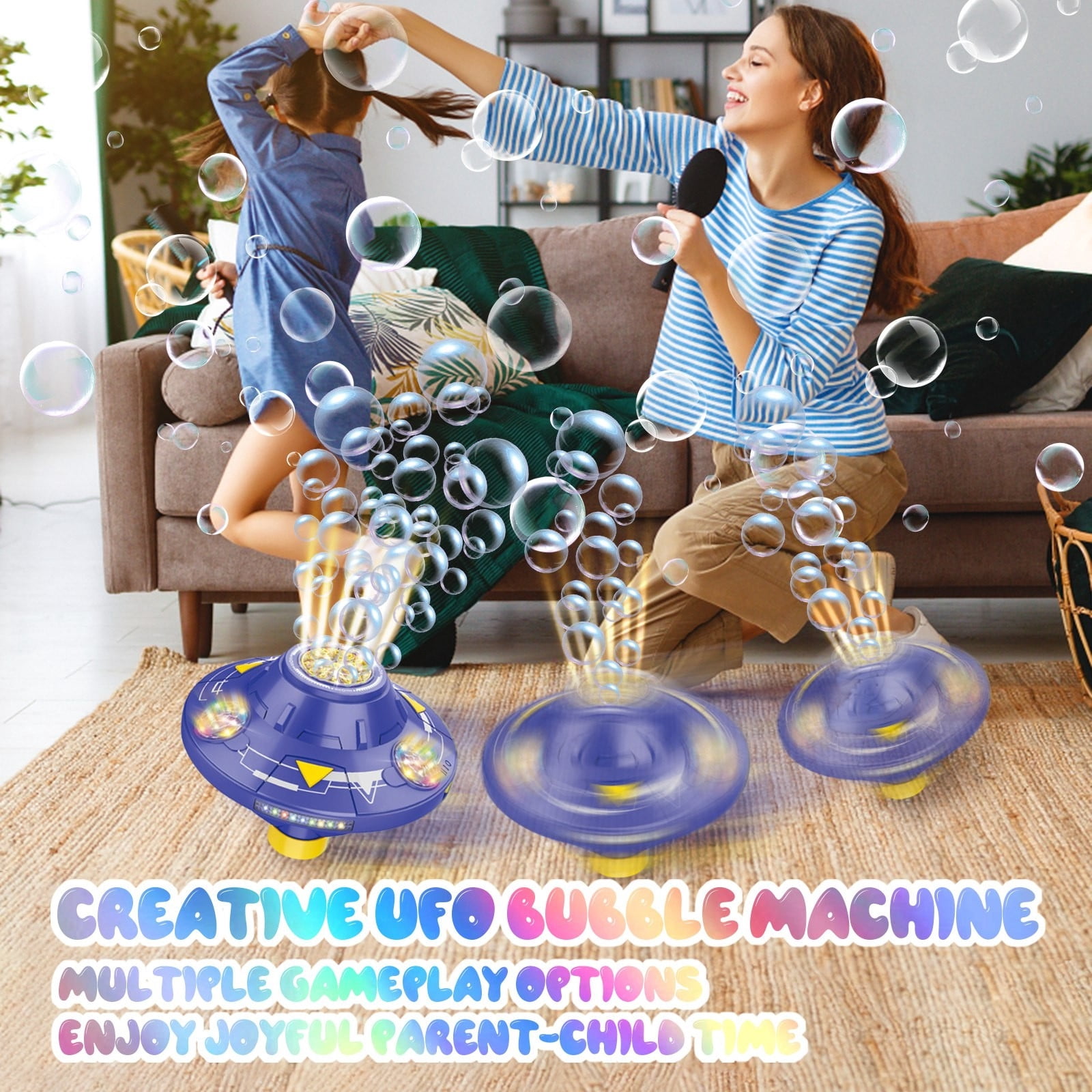 UFO Bubble Machine, Automatic Rotating Bubble Blower with LED Firework Light Effect and Obstacle Avoidance, Electric Bubble Maker with 80ml Bubble Solution for Party Event (Blue)