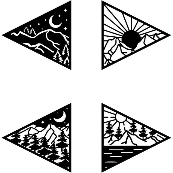4 Pcs Sun Moon Mountains Wood Wall Art Triangle Wooden Wall Art Wood Scenery Pattern Wall Hanging Signs Ornaments Hollow Wall Art Sculpture Home Living Room Bedroom Decor for DIY
