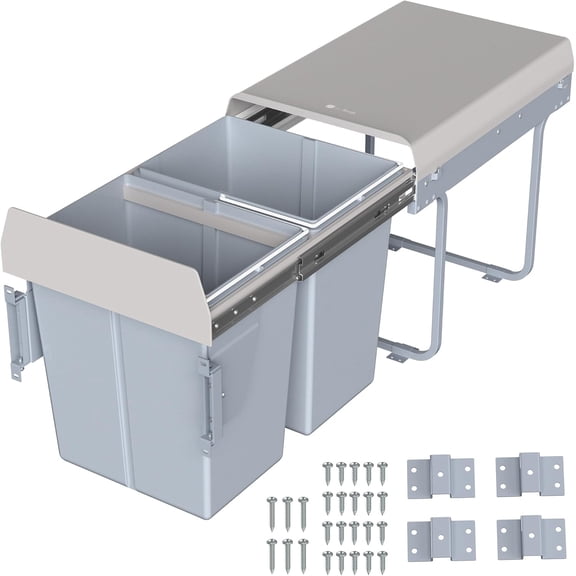 40L Under Counter Pull-Out Dual Trash Can System, Double Recycling Trash Can with Lid for Cabinet, Sliding Kitchen Waste Bin, Gray
