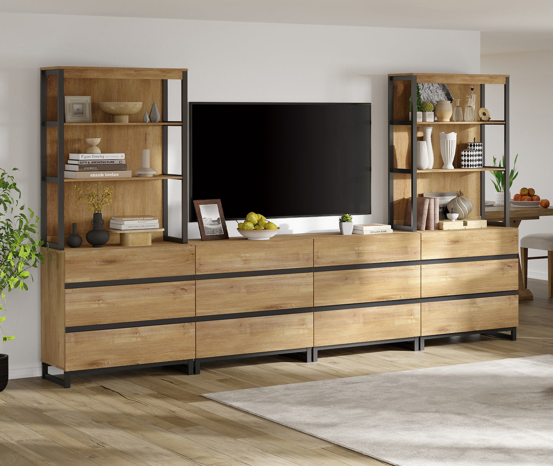 WAMPAT Modern TV Stand, 3-Tier Bookshelf & Farmhouse Entertainment Center with 12 Drawers, Adjustable Shelf & Black Metal Legs, Living Room Media,Console,Oak