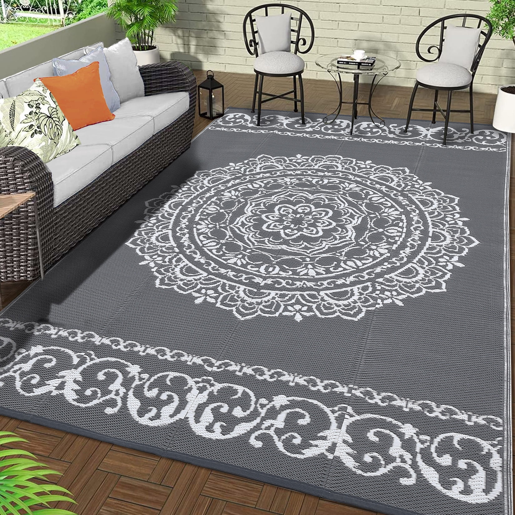 Haperlare 9'x12' Outdoor Rug for Patio, Waterproof Reversible Plastic Straw Rug Boho Indoor Outdoor UV Resistant Camping Carpet for RV, Backyard, Deck, Picnic, Gray and White