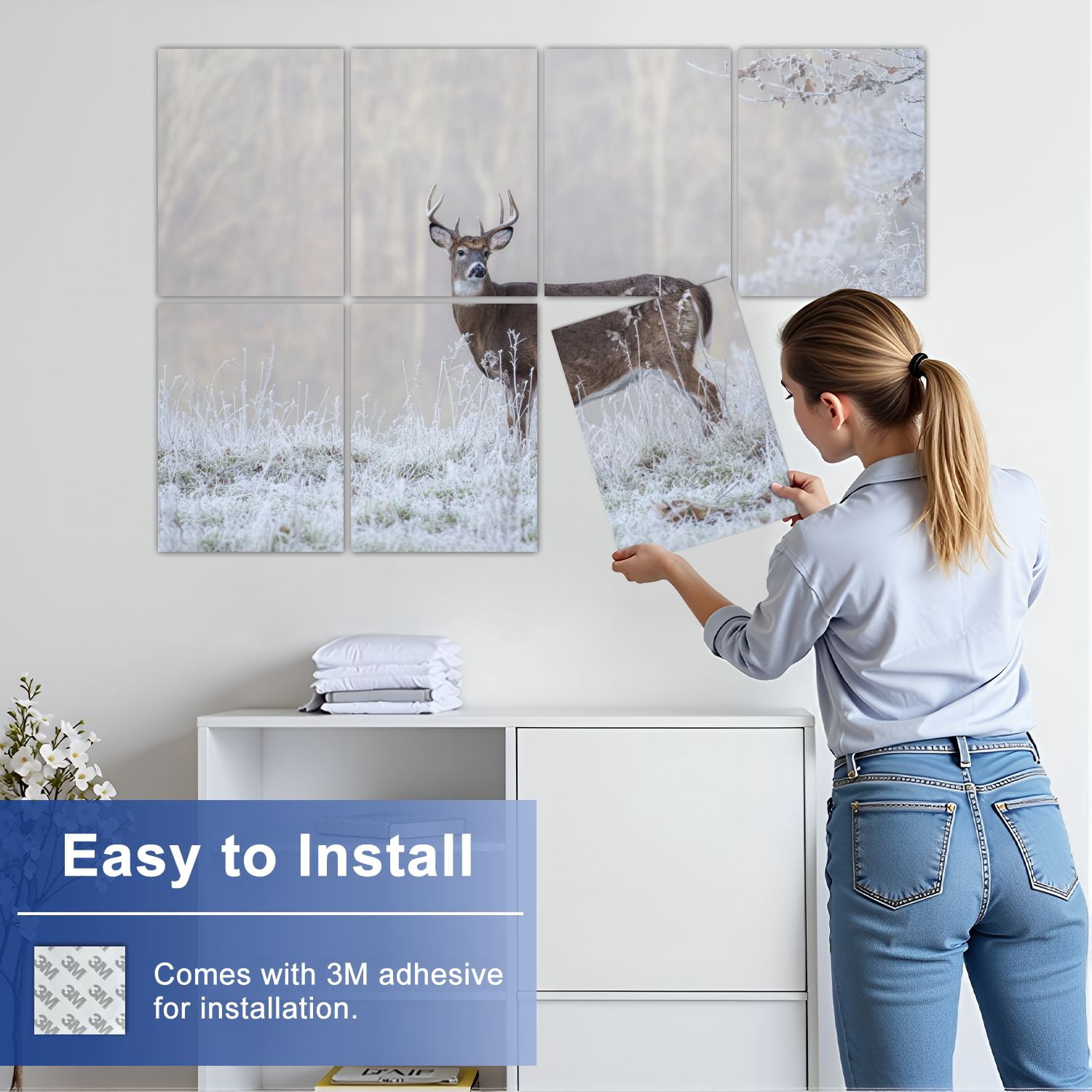 8 Pack Art Acoustic Panels Sound Absorbing Whitetail buck deer frost fog Decorative Soundproof Wall Panels Self Adhesive for Nursery Game Room Bedroom 48"x32"