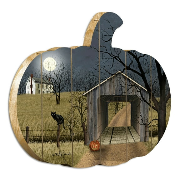 Sleepy Hollow Bridge By Billy Jacobs Printed on Wooden Pumpkin Wall Art - Orange