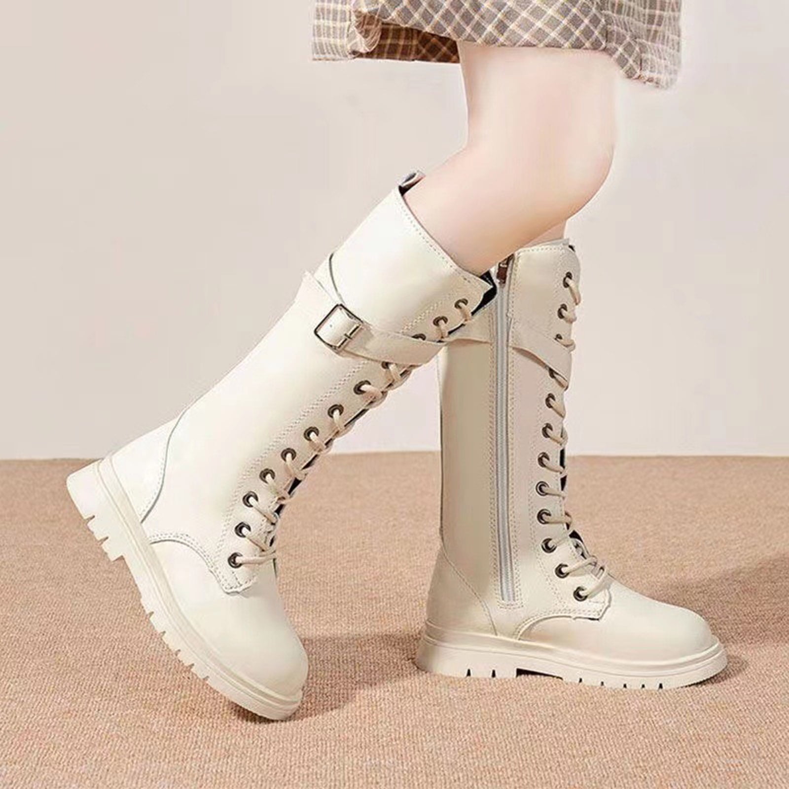 Bottes D'équitation à Lacets Pour Filles - Noir Et Blanc - Bottes De Combat Mi-mollet Imperméables à Fermeture éclair - Bottes Punk à Lacets - 4 à 11 Ans, Beige