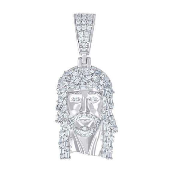 925 Sterling Silver Unisex Round Baguette Cubic Zirconia Nuggets Jesus Religious Charm Pendant Necklace 38.7x16.8mm Wide