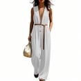 thumbnail image 2 of Guluxicc Women's Contrast Trim Elastic Waist Pleated Wide Leg Jumpsuit Casual Belted Stand Collar Sleeveless Loose Fit Rompers, 2 of 6
