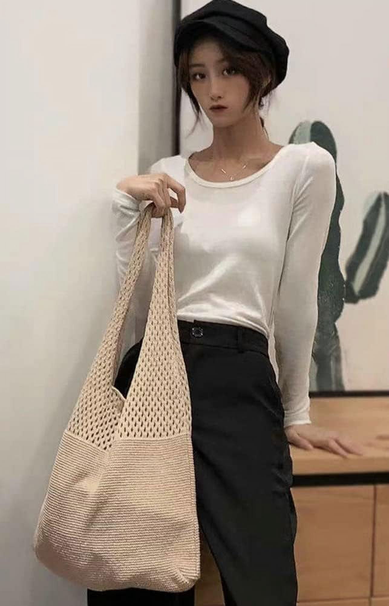 Kukuzhu Women's Handwoven Aesthetic Tote Bag Crochet Woven Hobo Bag Summer Knitted Cute Shoulder Bag Travel Shopping Grocery