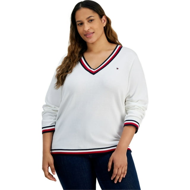 Tommy Hilfiger Womens V-Neck Pullover Sweater, White, Plus Size, 0X