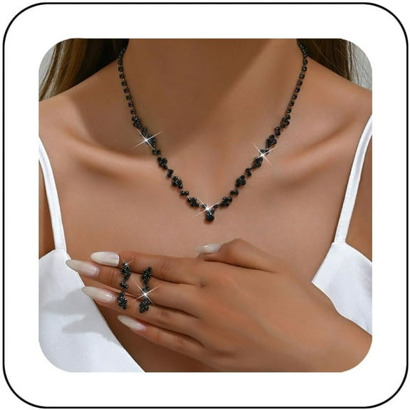 Black Rhinestone Necklace Earrings Set Bridal Wedding Jewelry Sets Crystal Choker Necklace Prom Costume Jewelry Set for Women and Brides
