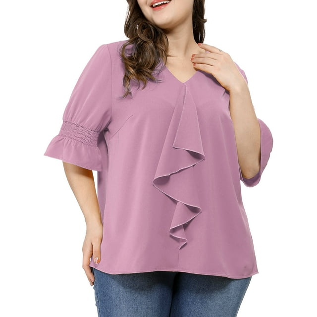 GRACE & GRANDEUR Blouse Haut à Volants à Col en V à Manches Smockées pour Femme Grande Taille