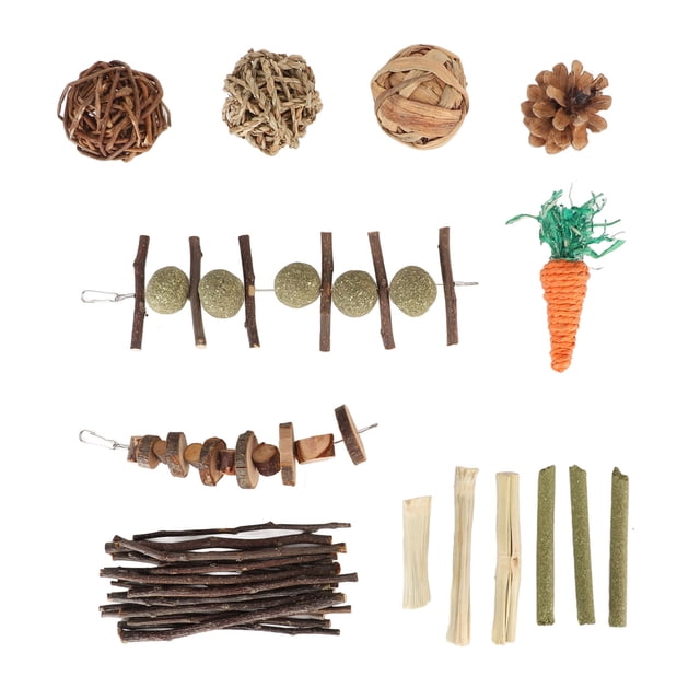 Juguetes para masticar para conejos, bolas de hierba para rechinar los dientes, piñas de pino, palo de madera, juego de juguetes para hámster, conejillo de indias