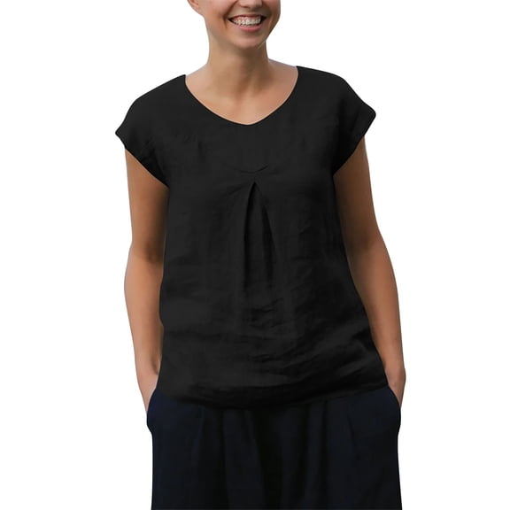 Business Casual Tops for Women Casual Loose Solid Color V Neck Cotton Linen Short Sleeve Tee Summer Tops