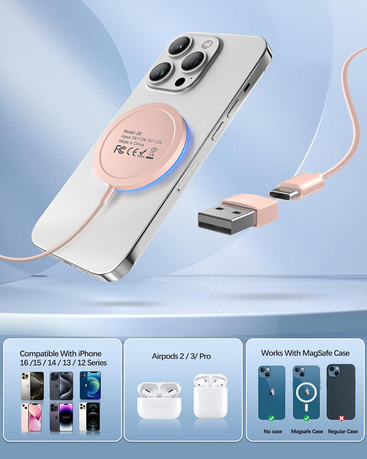 Magnetic Wireless Charger Fast Charging Pad, Compatible with iPhone 17/16/15 /14/13/12, AirPods 3/2/Pro/Pro 2, Dual Ports, LED, Pink