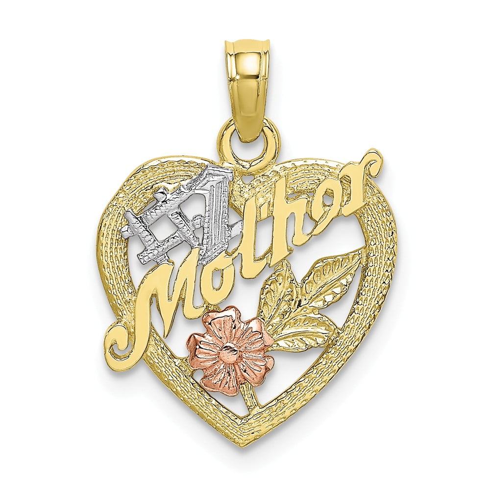 10K Solid Yellow Rose Gold Heart #1 Mom Pendant Number One Mother Necklace Charm