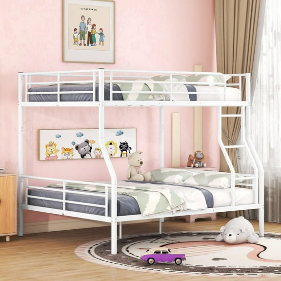 Bellemave Full XL Over Queen Metal Bunk Bed, Metal Bunk Bed Can Be Divided into Two Beds, Heavy Duty Queen Bunk Bed Frame for Kids Teens Adults(White)