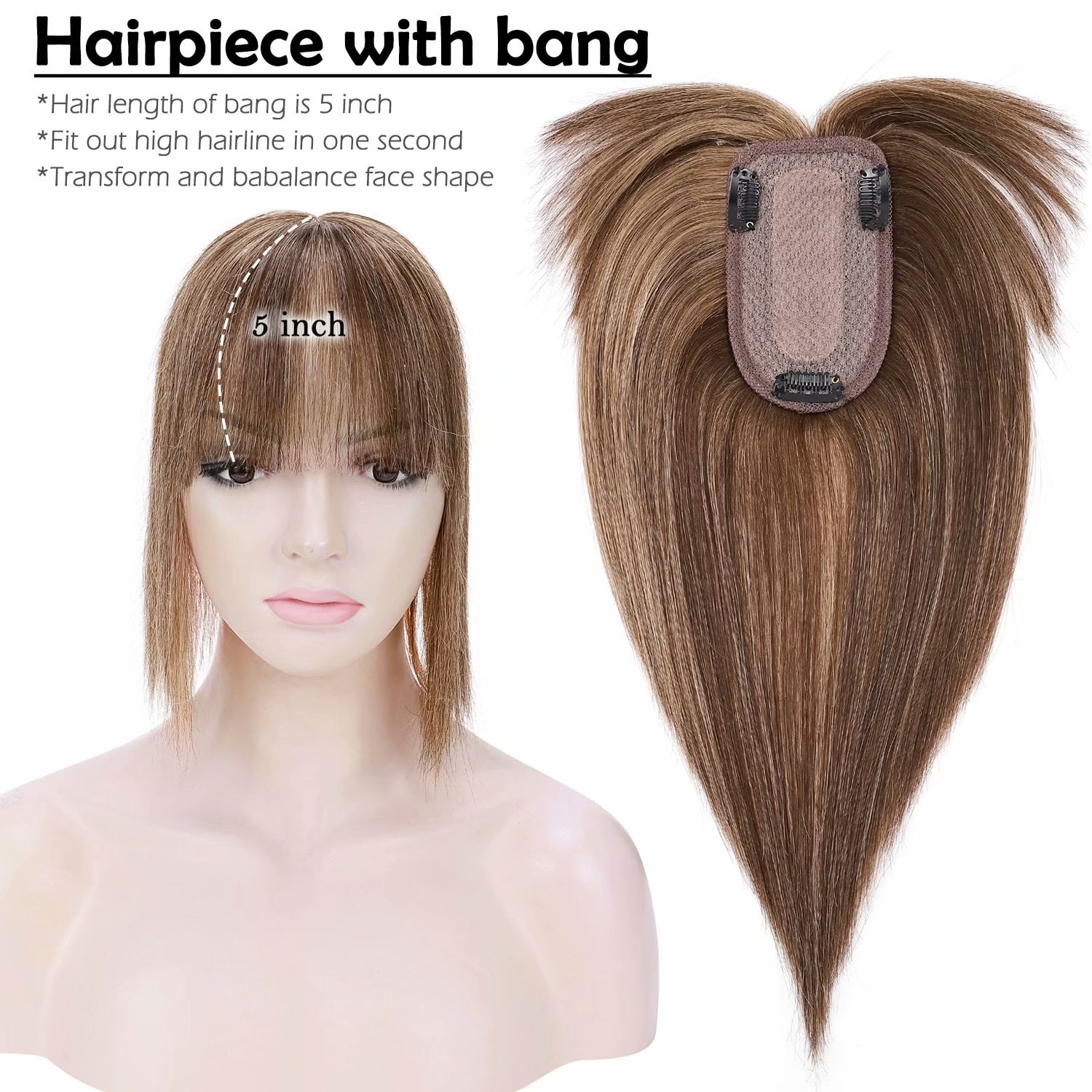 Benehair 100% Real Remy Human Hair Extensions Clip In Hairpiece Topper with Bang Toupee Women Hair Loss Silk Base Highlight Blonde Hair