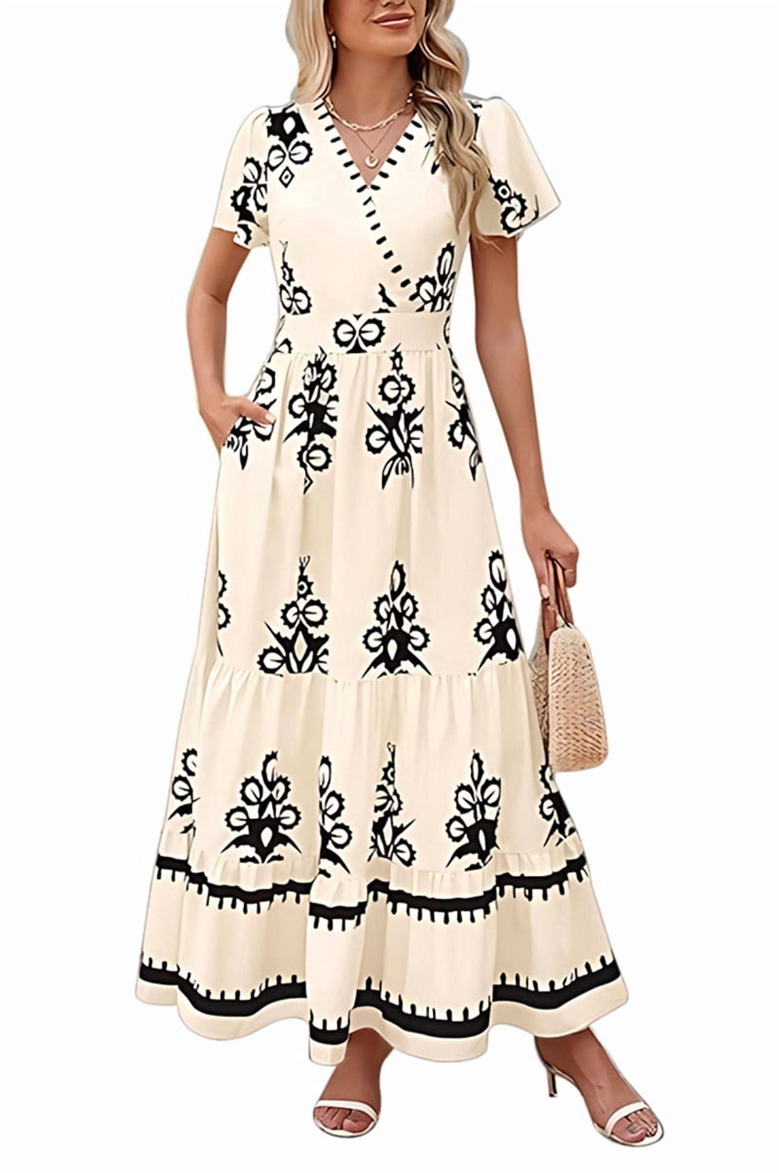 Womens 2025 Summer Casual V Neck Boho Maxi Dress Flowy Aline Bell Sleeve Tiered Floral Dresses with Pocket S