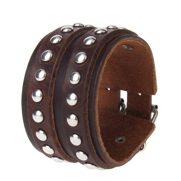 hombres de ancho doble capa remache cinturón brazalete pu de cuero marrón Sunnimix Pulsera de hebilla de correa de remache