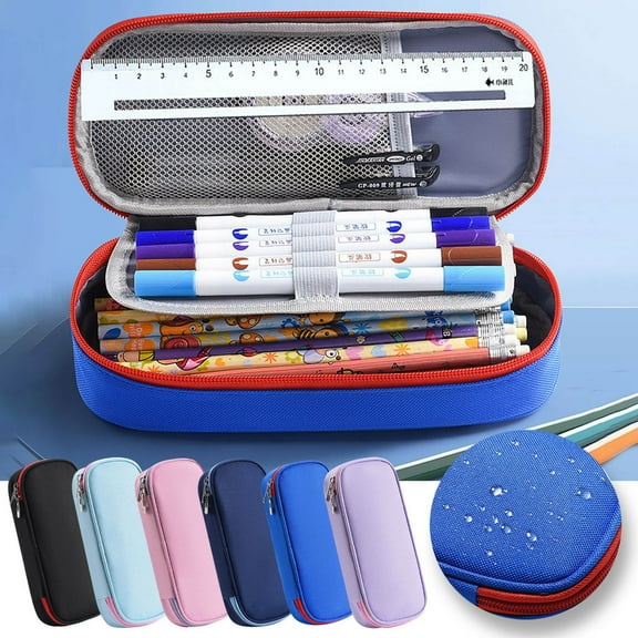 AYktou Purecolor Pencil Case Large Capacity Three-Layer Separated Stationery Pencil Pouch Waterproof Design Pencil Box Lightweight Portable makeup Bag, Kinds of Stationery Placement Needs, Blue