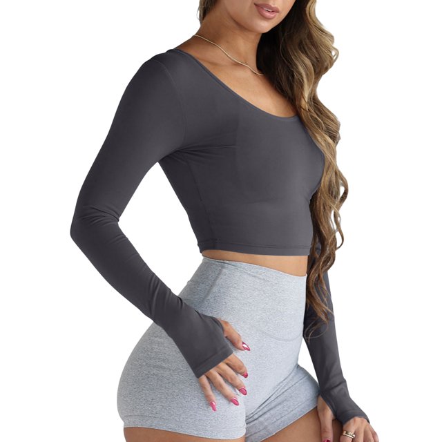 SUNSIOM Femmes à Manches Longues Crop Tops Col Rond Ajusté Serré Chemise Courte de Couleur Unie avec Trou pour le Pouce pour l'Automne de Printemps
